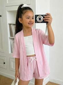 SHEIN Bộ đồ cho bé gái tuổi teen gồm áo hai dây màu trơn, áo kimono tay lửng và quần short trang trí nơ, trang phục thường ngày cho kỳ nghỉ hè. - Hồng - Xem 4