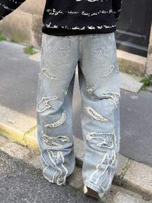 Heavens Edit 男士休闲街头风格刺绣破洞牛仔裤，蓝色 - 中等水洗藍 - 查看 6