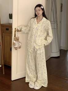 DAZY Teen Girl Cute Cartoon Rabbit All-Over Print Drop Shoulder Loose Long Sleeve Shirt And Pants Pajama Set, Suitable For Spring And Autumn - Yellow - View 8