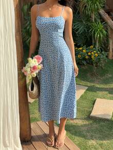 SHEIN EZwear 女士蓝色碎花无袖沙滩度假连衣裙 - 藍色 - 查看 3