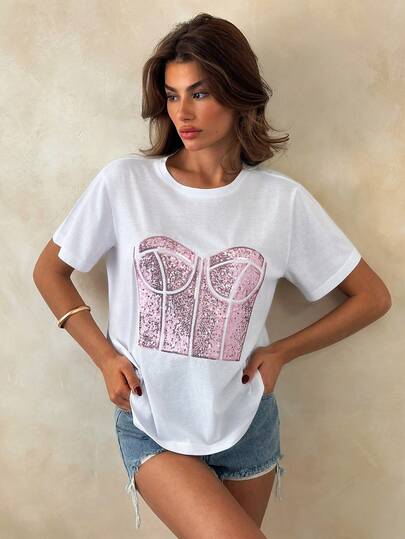 SHEIN Women's Premium White Cotton T-Shirt Featuring A Glittering Pink Sequin Bustier Detail, Structured Corset-Style Stitching, And Daily Glamorous Oversize Silhouette, Limited Edition Collection