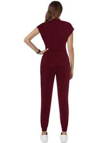 TaskEZ Solid Color Drawstring Waist Scrub Uniform Jumpsuit - Burgundy - View 5