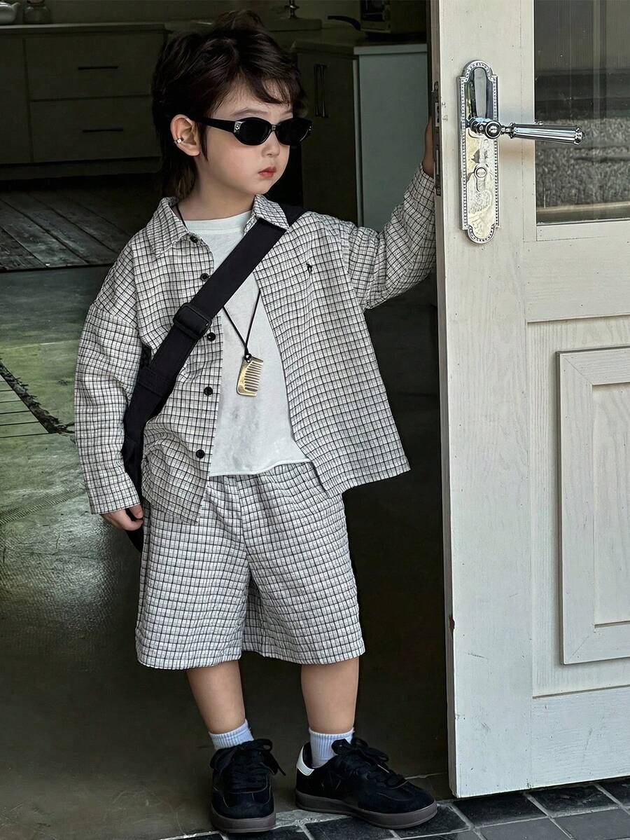 Dazy Kids 儿童秋季服装 男童格子印花衬衫套装 夏季 - 黑與白 - 查看 1