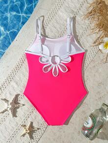 SHEIN 玫红色休闲镂空花朵造型少女吊带比基尼上衣，适合海滩度假、泳池派对。粉色花朵泳衣，粉色连体泳衣，镂空连体泳衣，花朵镂空泳衣，青少年泳装，全包覆蝴蝶泳衣，女童泳装，可爱连体泳衣。 - 玫紅色 - 查看 2