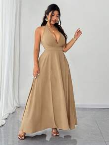 SHEIN Elenzya Đầm yếm gợi cảm màu trơn cổ chữ V sâu dành cho nữ cỡ lớn - Màu Khaki - Xem 6