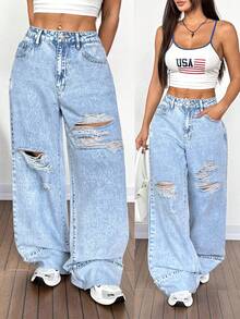 SHEIN Tall Pantalones vaqueros anchos de cintura alta con efecto desgastado y rasgados en azul claro con lavado ácido, pantalones vaqueros anchos y desgastados con bolsillos perfectos para looks de streetwear y grunge - Lavado ligero - Ver 2