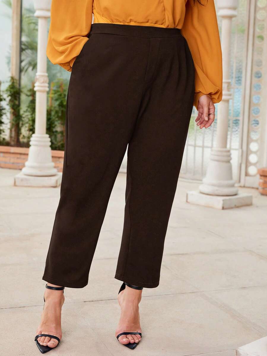 SHEIN Essnce Plus Size Casual Versatile Commute Solid High Waist Pants - Coffee Brown - View 1