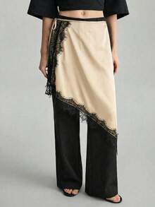 Ontre 女士蕾丝拼接打结休闲百搭约会之夜半身裙 - 杏色 - 查看 5