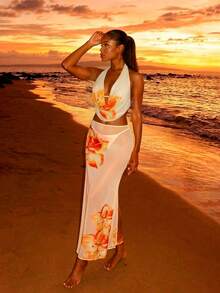 Swim Oasis 2 件套女式针织印花连体泳衣和随机印花沙滩裙泳衣套装，节日波西米亚风格 - 黃色 - 查看 1