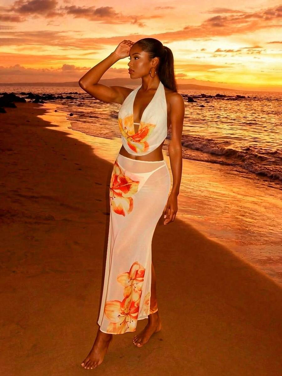 Swim Oasis 2 件套女式针织印花连体泳衣和随机印花沙滩裙泳衣套装，节日波西米亚风格 - 黃色 - 查看 1