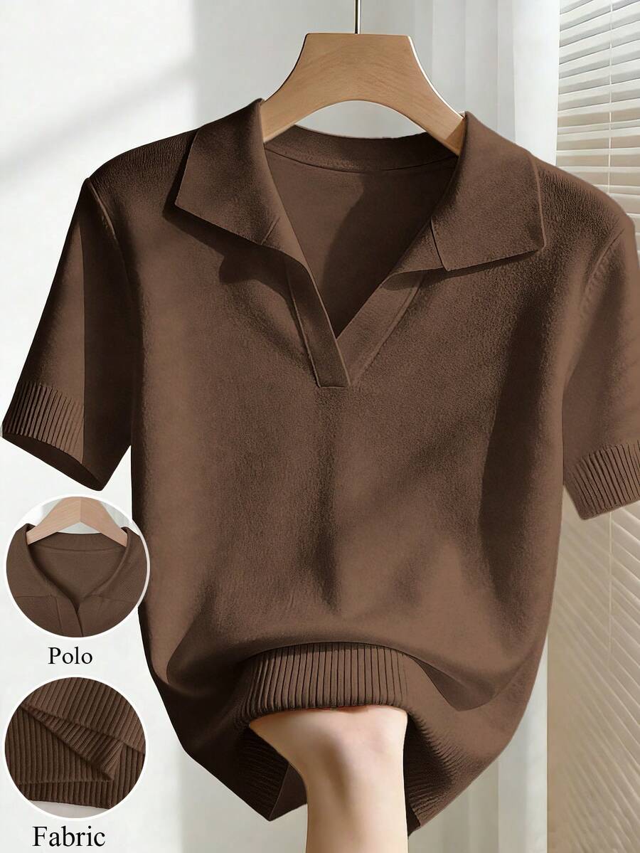 Franclia Women's Spring/Summer White Simple Casual Turndown Collar Raglan Short Sleeve Solid Color Fitted Knit Top - Brown - View 1
