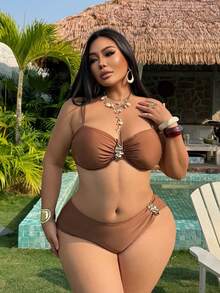 Swim SXY Plus Size Women Summer Beach Solid Color Metal Decor Halter Tie Sexy Bikini And Triangle Briefs Swimwear Set - Coffee Brown - View 1