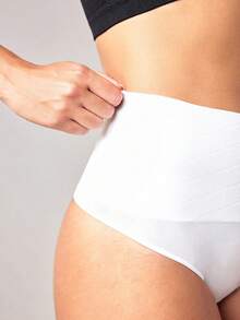 Plain Ribbed Knit Waist Shapewear Thong - White - View 7