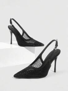 CUCCOO SZL Stylish Sexy Rhinestone Decorative Pointed Heel Slingback Women Pumps - Black - View 3