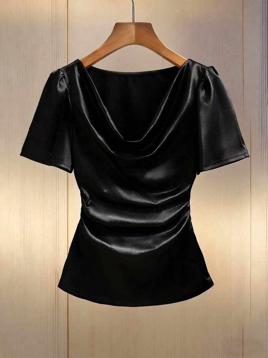 Franclia Women's Ruched Waist Cowl Neck Short Sleeve T-Shirt Blouse For Women Elegant Classy Elegant Top For Woman Modern Tops For Women - Black - View 1