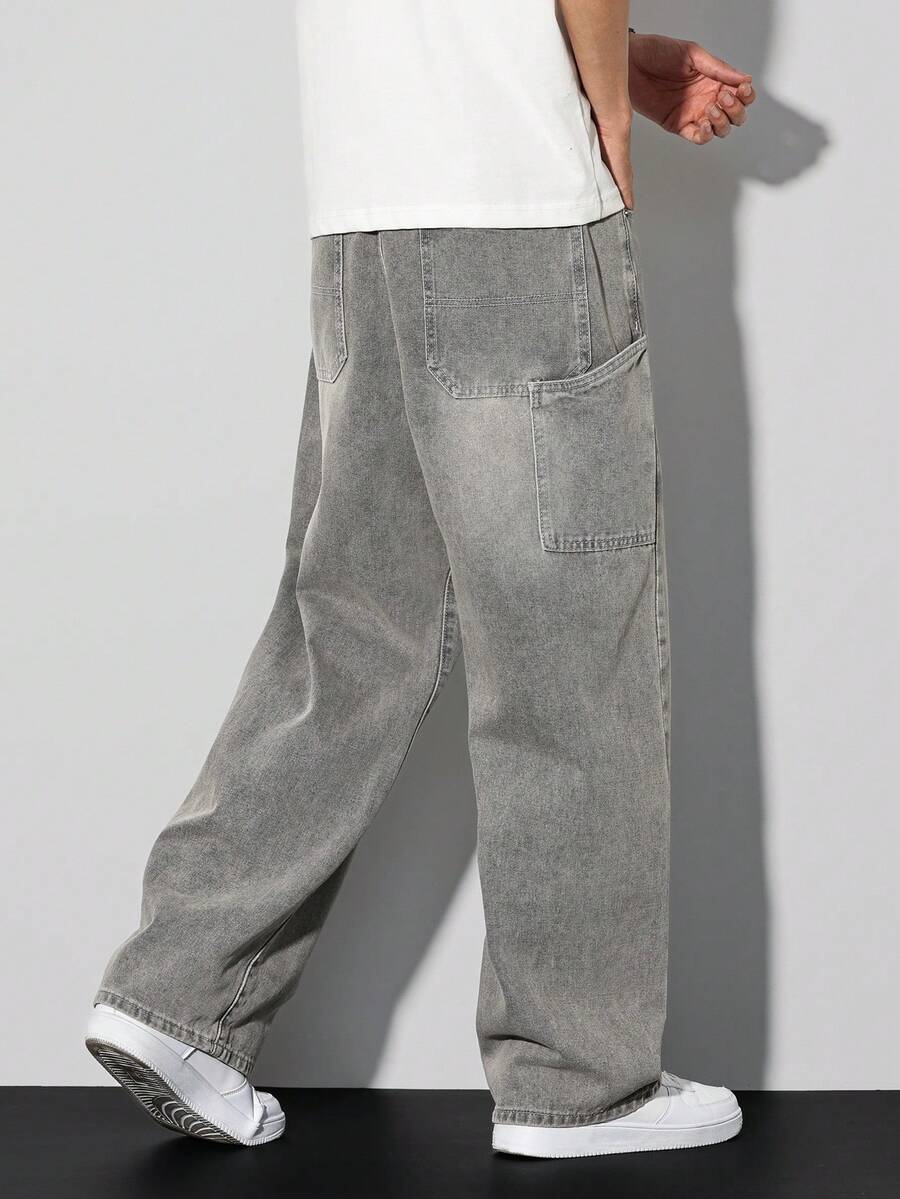 Manfinity Homme 男士休闲直筒宽松工装牛仔裤，灰色，春夏款 - 灰色 - 查看 1