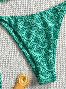 Swim Mod Women's Summer Beach Floral Print Halter Tie Sexy Bikini Swimsuit Set, Random Print - Green - View 3