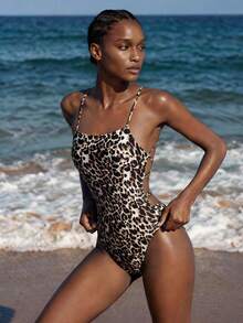 Maija Women's Leopard Print One-Piece Swimsuit, Suitable For Beach Vacation, Pool Party, Beach Party - Brown - View 5