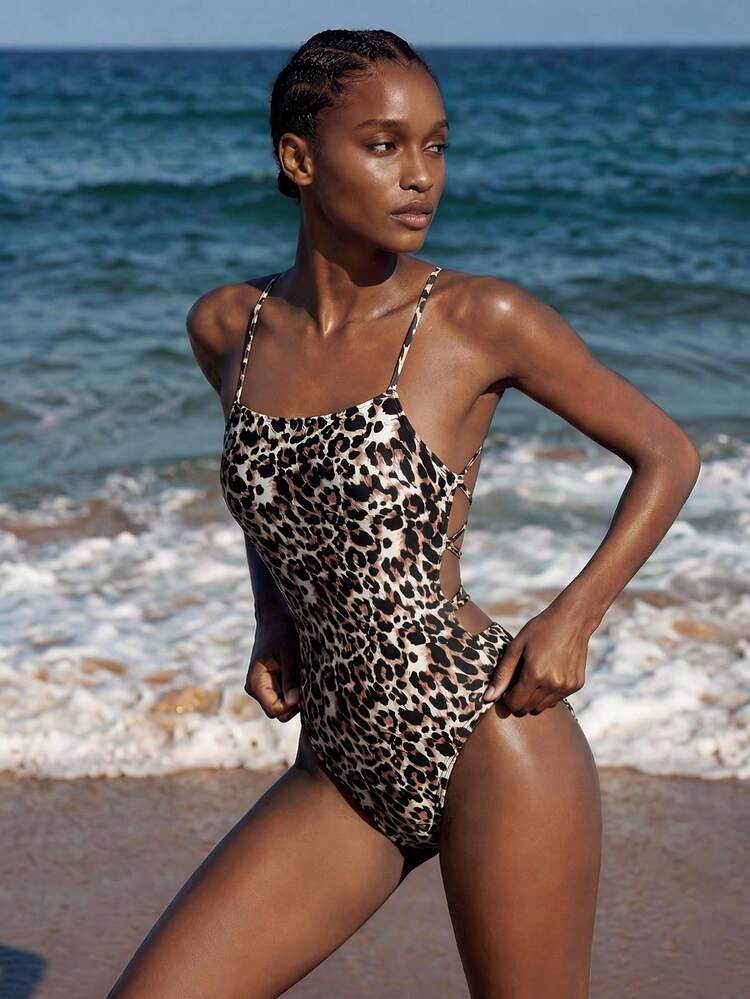 SHEIN Maija Women's Leopard Print One-Piece Swimsuit, Suitable For Beach Vacation, Pool Party, Beach Party Summer