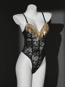 Seduluxe 2pcs/Set Women's Sexy Lace Mesh Tassel Jumpsuit And Mini Skirt Set - Black - View 8