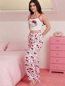HELLO KITTY AND FRIENDS | SHEIN Women's White Camisole & Pink Trousers Pajamas Set, Cat Pattern, Bow Pattern, Cartoon Cute Y2K, Sweet, Daily, Home, Leisure, Summer - White - View 6