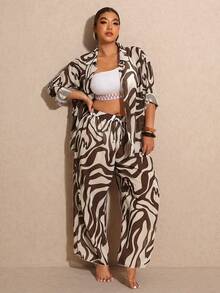 Elaquor Plus Size Women Zebra Print Long Sleeve Kimono Shirt And Pants Set - Multicolor - View 7