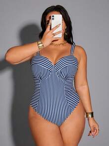 2026新款度假夏季沙滩休闲Shapewave女士蓝白条纹拼接抽绳露背褶皱连体泳衣，显瘦腰身，适合沙滩、度假、派对及大码穿着 - 彩色 - 查看 5
