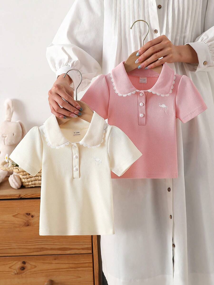 SHEIN 2pcs Baby Girls' Casual Polo Shirt Top Set, Spring/Summer - Apricot - View 1