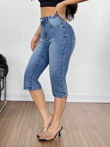 SHEIN Tall 女士高腰口袋修身休闲百搭七分牛仔裤 - 中等水洗藍 - 查看 5