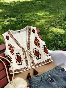 Franclia Plus Size Women Summer Bohemian Ivory Printed Sleeveless Jacket - Beige - View 1