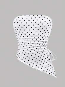 SHEIN 少女法式复古修身休闲简约舒适柔软黑白波点无袖不对称下摆背心 - 白色 - 查看 1