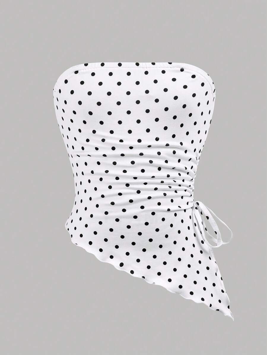 SHEIN 少女法式复古修身休闲简约舒适柔软黑白波点无袖不对称下摆背心 - 白色 - 查看 1