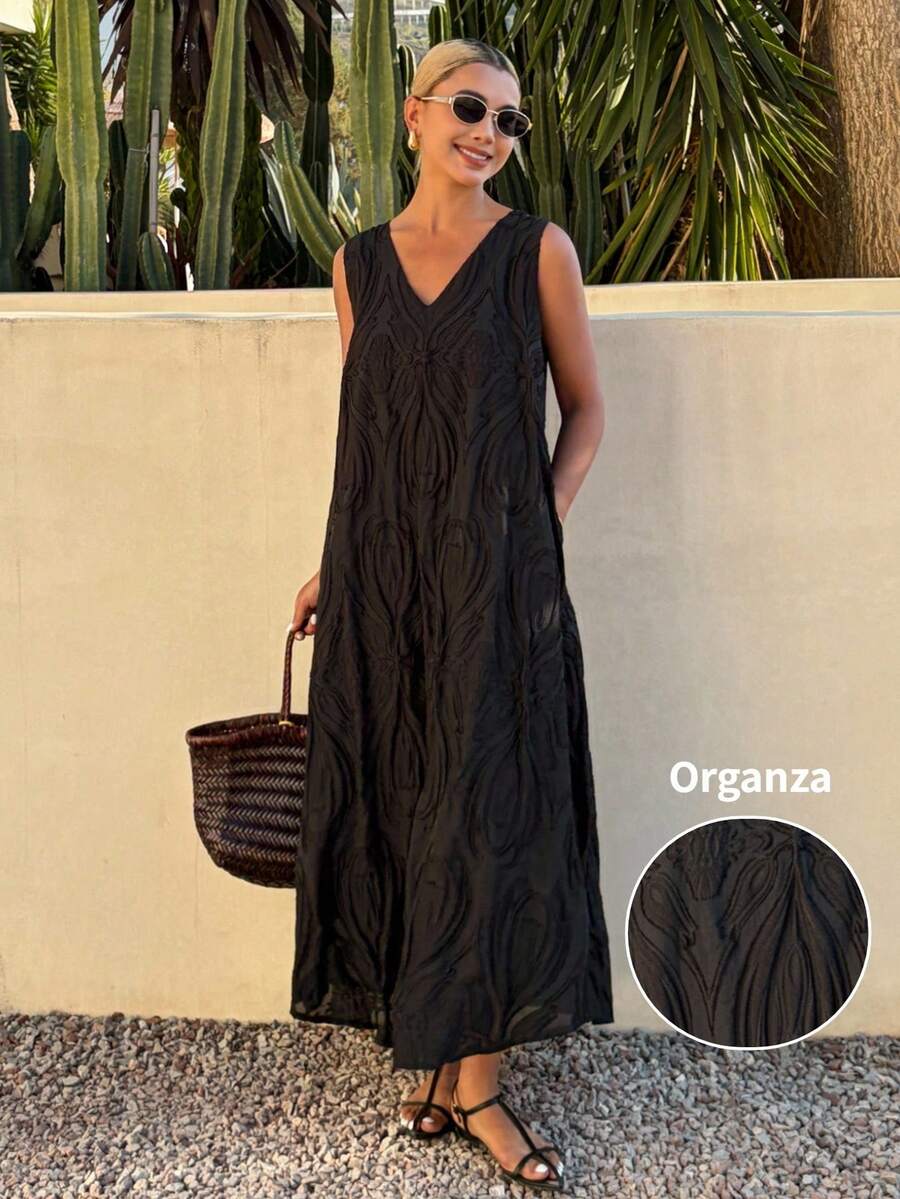 Livesso Women's V-Neck Casual Loose Straight Lace Chiffon Beach Dress, Elegant For Commuting, Spring & Summer - Black - View 1