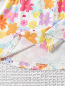 SHEIN Playful Pals 2件組女嬰可愛白色碎花夏季吊帶洋裝 生日派對休閒百搭印花套裝 適合節慶戶外度假春季 - 紫色 - 查看 6
