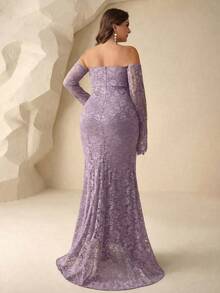 Plus Size Beaded Lace Off Shoulder Elegant Evening Dress - Purple - View 2