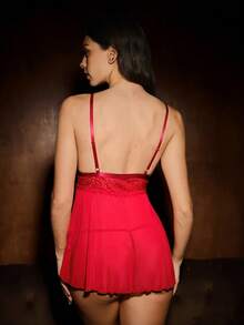 SHEIN 2pcs/Set Lady Sexy Lingerie Sleepwear With Lace And Mesh Contrast (Slip Dress + Thong) Lingerie Sexy>Redred Lingerie Setlingerie Set>Redlingerie Set Redsexy Night Wear - Burgundy - View 2