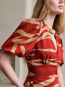 Arave Women's V-Neck Petal Sleeve Waist Cinched A-Line Floral Print Elegant Date Dress - Red - View 2