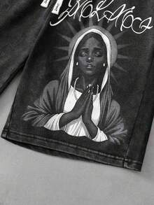 PAVTROS Bộ 2 món phong cách đường phố dành cho nam, áo không tay và quần short retro cá tính, chất liệu cotton giặt mài cổ điển, họa tiết đường phố tối màu, thiết kế đồ họa văn hóa tôn giáo, hip hop, thể thao đường phố, chủ đề tiệc nghệ thuật, unisex, cặp đôi, quà tặng ngày lễ. - màu đen - Xem 5