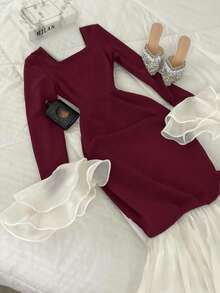 INAWLY Women's Color Block Square Neck Long Sleeve Ruffle Hem Dress - Burgundy - View 3