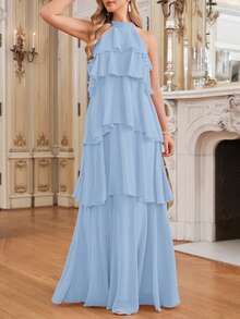 Vestido largo y fluido con cuello de halter y volantes en capas de color rosa elegante para vacaciones de verano - Celeste - Ver 3