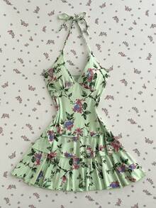 Elamini 女士波西米亚风V领碎花收腰连衣裙 - 綠色 - 查看 1