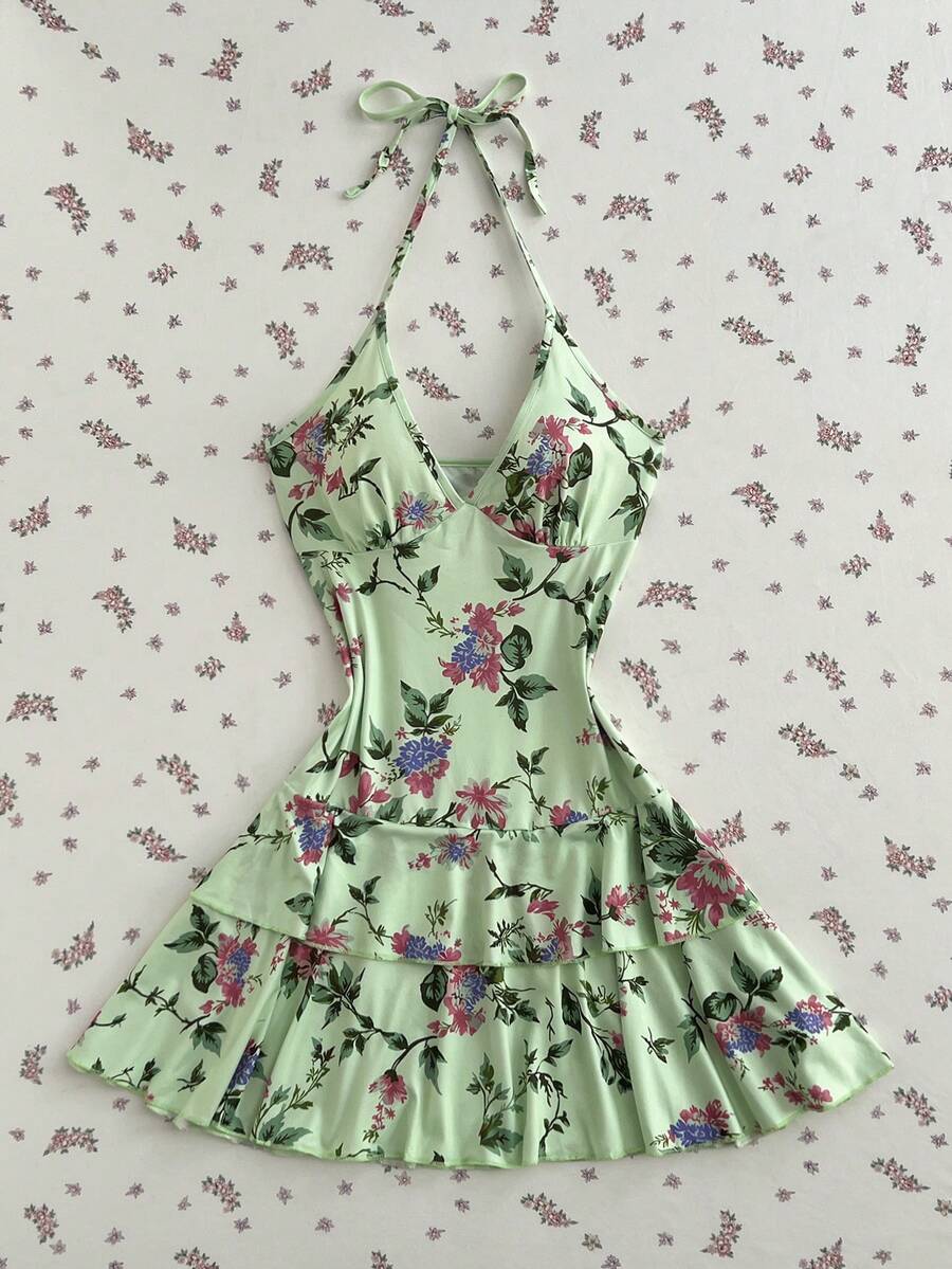 Elamini 女士波西米亚风V领碎花收腰连衣裙 - 綠色 - 查看 1