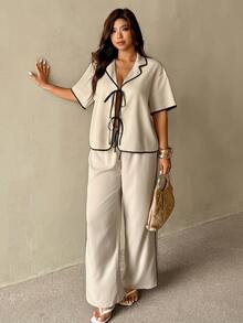 Auralis Conjunto de 2 piezas para mujer talla grande: Camisa de manga corta con nudo delantero y pantalones - Albaricoque - Ver 2