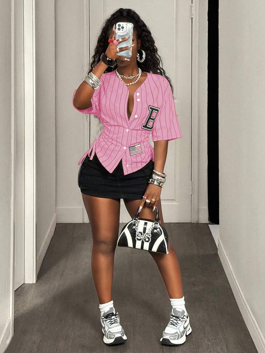 BamGleam 女士休闲条纹侧边收腰短袖衬衫，夏季假日、春季、度假 - 粉色 - 查看 1