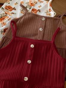SHEIN LMoss Kids LMoss 女婴可爱针织花卉装饰纽扣背心，荷叶边装饰，3 件套，夏季必备 - 彩色 - 查看 5