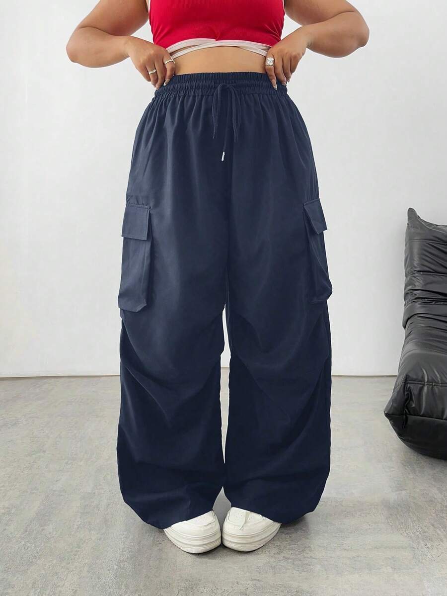 SHEIN Tall CURVE Quần cargo nữ cỡ lớn, màu trơn, cạp chun, kiểu dáng thường ngày, đa năng. - Màu xanh hải quân - Xem 1
