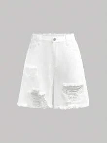 Tween Girl Y2K Fashionable Vintage Washed High Waist Ripped Baggy Raw Hem White Denim Long Shorts,For Sport Outdoor,Suitable For Spring And Summer Boho Bermuda Short,Season Vintage/Beach/Sea/Elegant Graduation,Casual,Summer Holiday,Spring,Beach,Vacation,Valentine's Day,Summer Holiday,Beach Vacation Holiday,Girls Summer White Short - White - View 4
