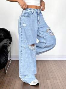 SHEIN Tall Pantalones vaqueros anchos de cintura alta con efecto desgastado y rasgados en azul claro con lavado ácido, pantalones vaqueros anchos y desgastados con bolsillos perfectos para looks de streetwear y grunge - Lavado ligero - Ver 5