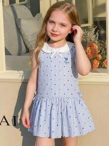 Young Girl Polka Dot & Striped Print Sleeveless Ruffle Hem Dress - Multicolor - View 3