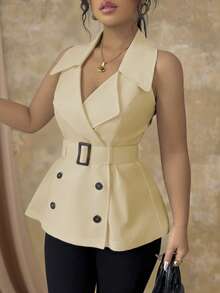 Roveilla Plus Size Sleeveless Beige Shirt Blouse With Lapel And Cinched Waist Waist, Elegant Summer Mal Wedding Guest Work Business Casual Women Tops Office Outfits - Camel - View 3